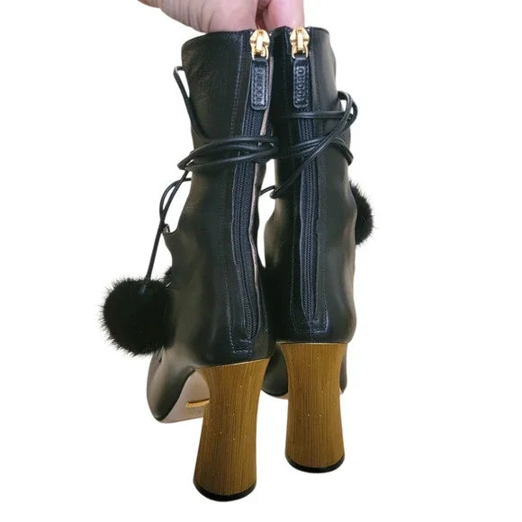 Gucci Heloise Black Leather Lace Up Pom Pom High Heeled Boots 6.5 36.5 409230 - Picture 7 of 17